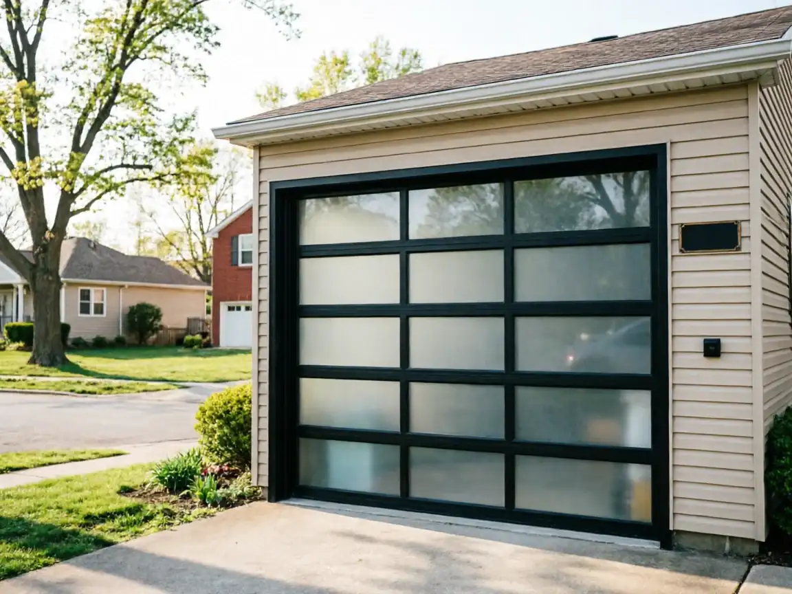 A modern garage door with frosted glass panels is on a tan house.