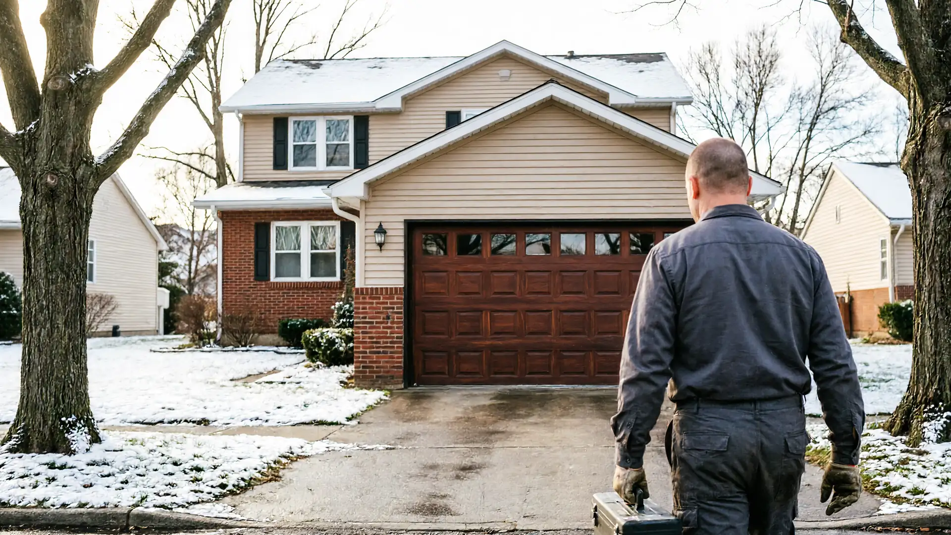 A technician walks toward a house with a brown garage door on a snowy day.