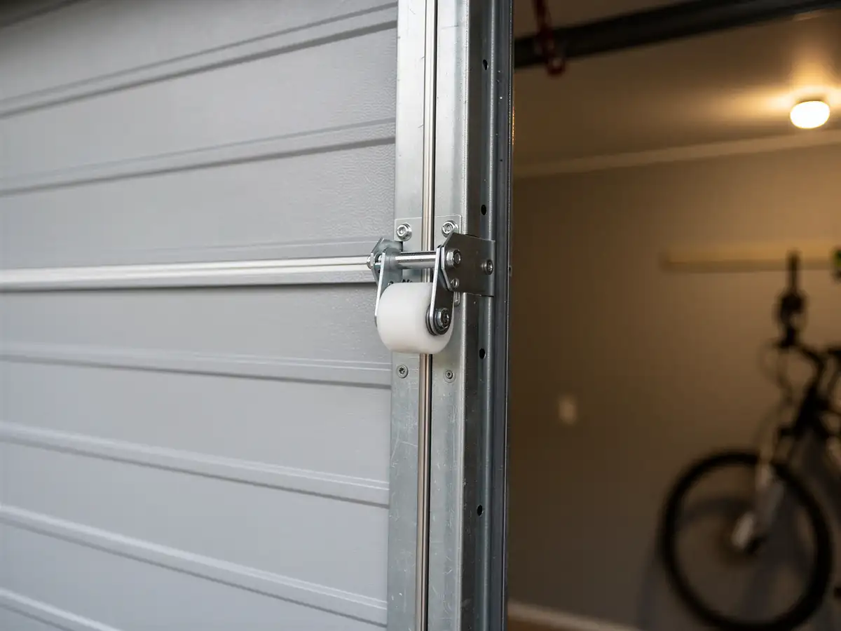 A white garage door roller is attached to a gray garage door.